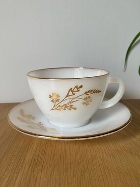 Vintage Federal Glass 22K Meadow Gold Cup and Saucer Milk Glass 1960s